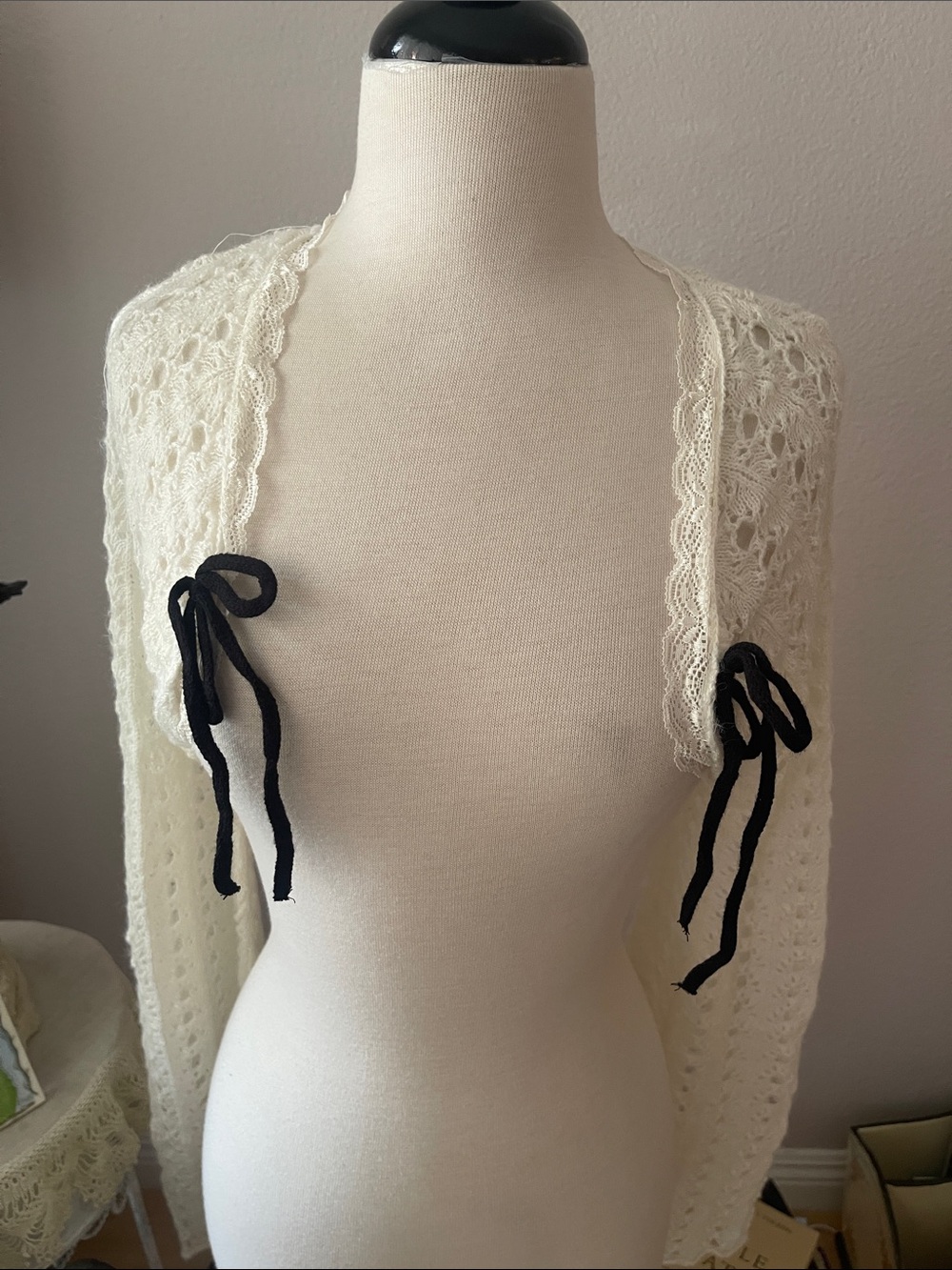 Love Tree white Crocheted Bolero with Black Tie Accents - Picture 3 of 4